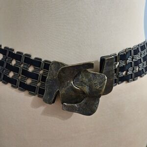 Suzi Roher Vintage Black Elastic Belt with Ornate Bronze Tone Flower Buckle